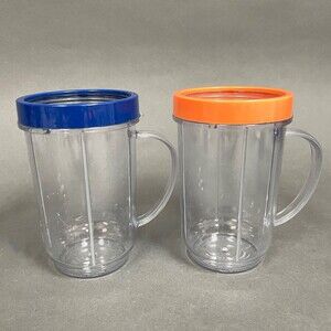 Magic Bullet Cups Party Mugs with Blue Orange Comfort Lip Rings Lot of 2